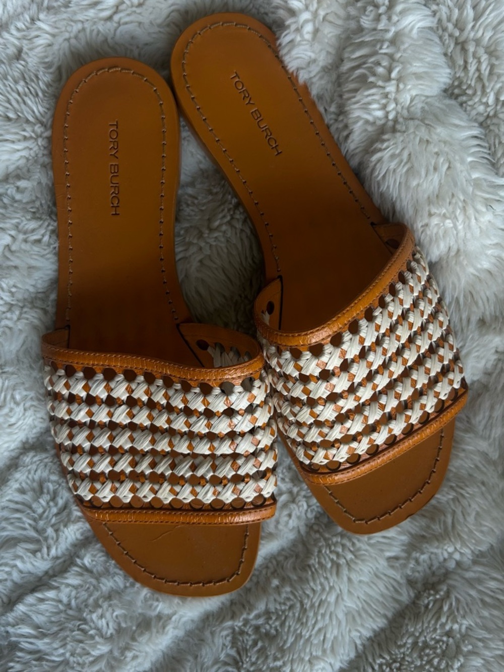 Tory Burch Orange and Cream Woven Slide Sandals